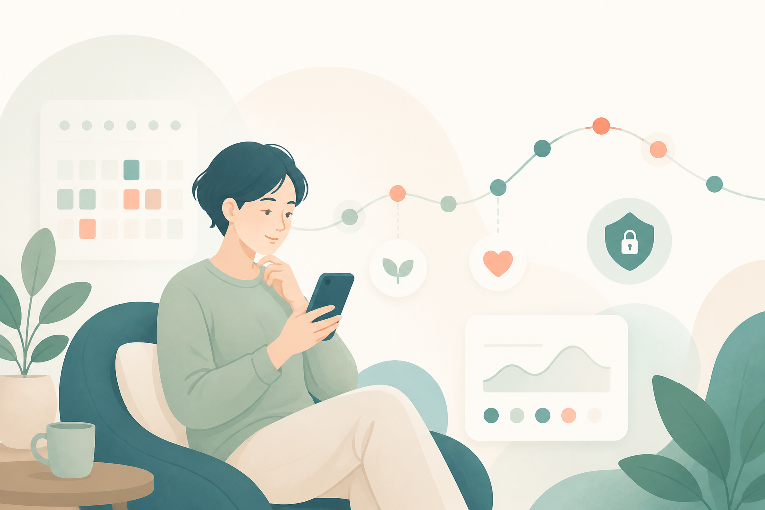 スマートフォンで自分の心と体の変化を確認する人のイラスト