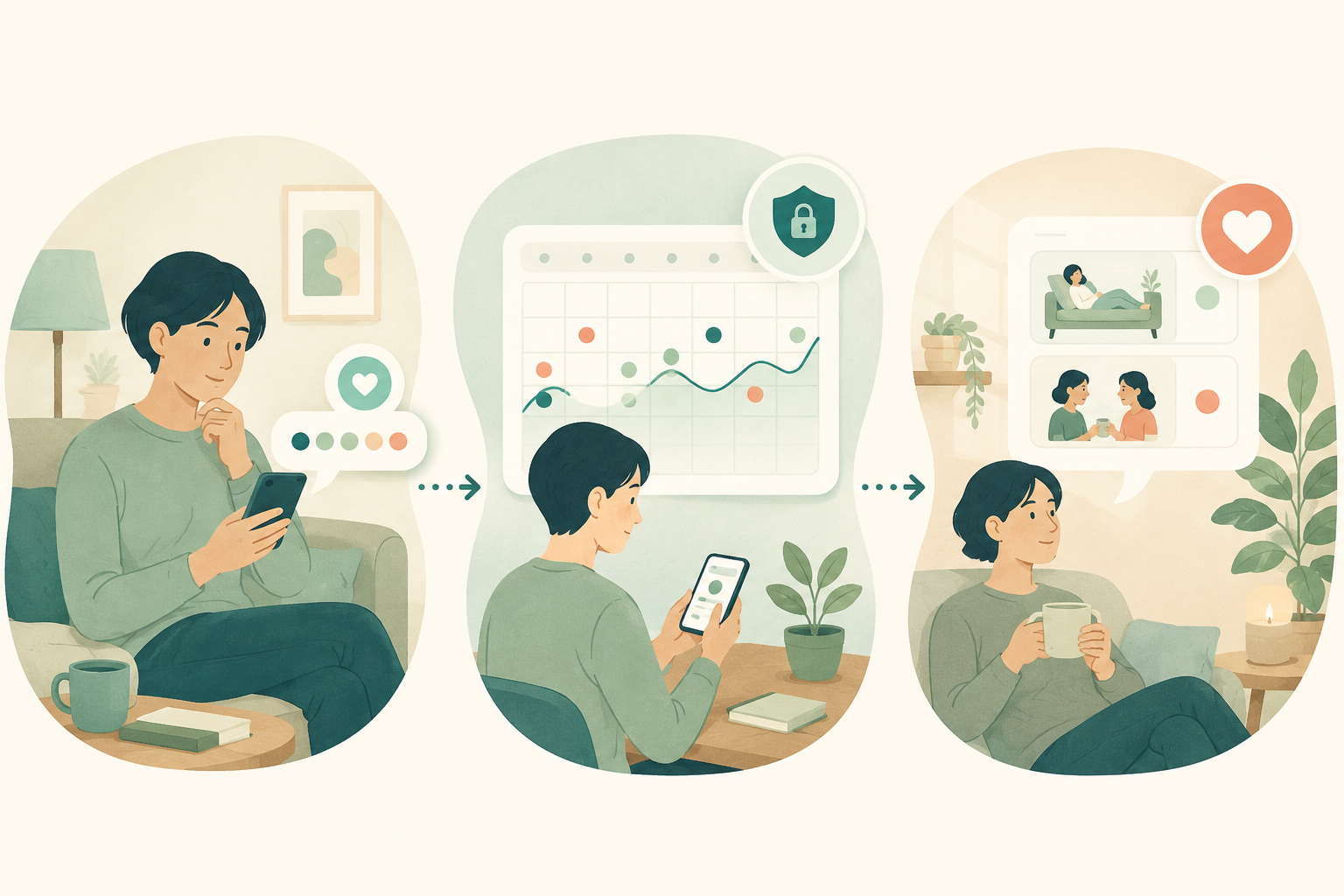 スマートフォンで確認し、履歴を振り返り、休息や相談につなげる3つの場面のイラスト